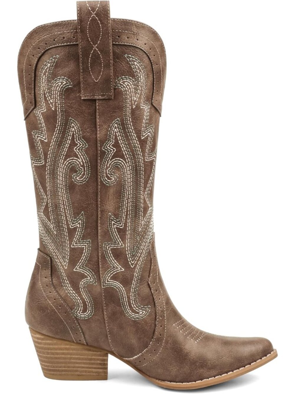 Women's Brown Pointed Toe Western Western Embroidery Mid Calf Cowgirl Boots - Picture 5 of 6